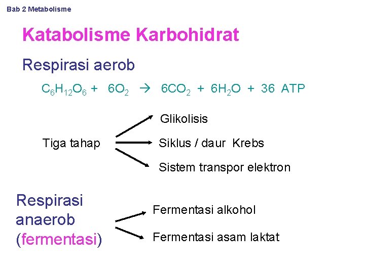 Bab 2 Metabolisme Karbohidrat Respirasi aerob C 6 H 12 O 6 + 6