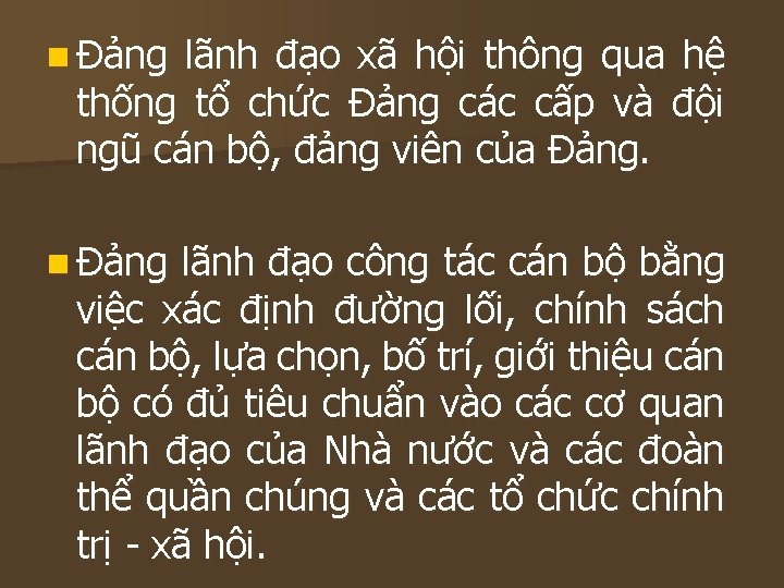 n Đảng lãnh đạo xã hội thông qua hệ thống tổ chức Đảng các