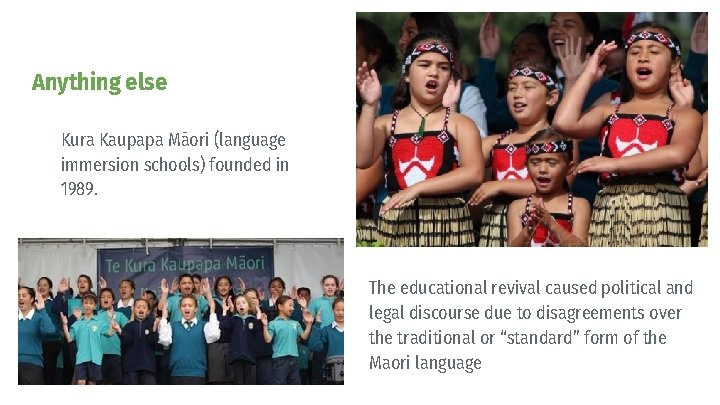 Anything else Kura Kaupapa Māori (language immersion schools) founded in 1989. The educational revival