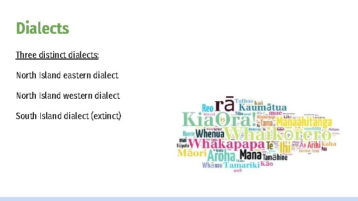 Dialects Three distinct dialects: North Island eastern dialect North Island western dialect South Island