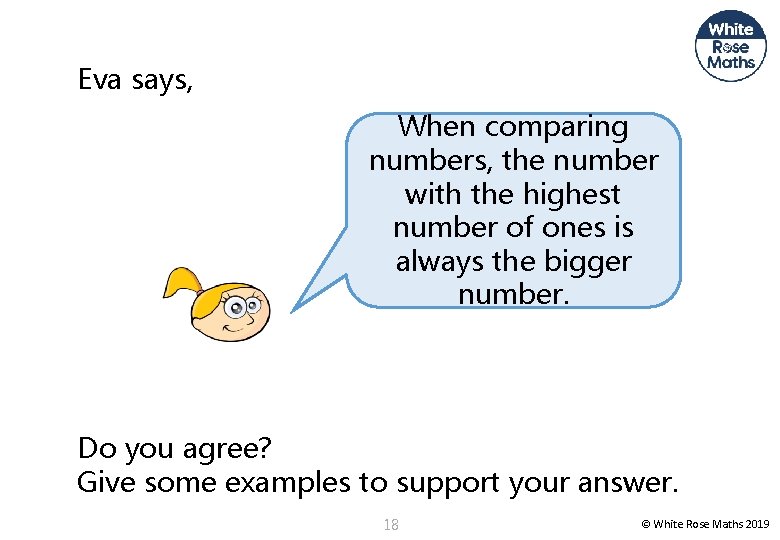 Eva says, When comparing numbers, the number with the highest number of ones is