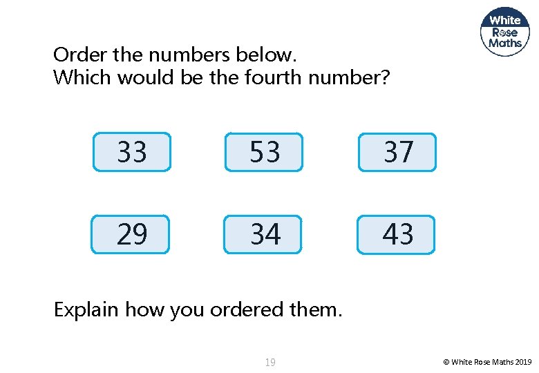 Order the numbers below. Which would be the fourth number? 33 53 37 29