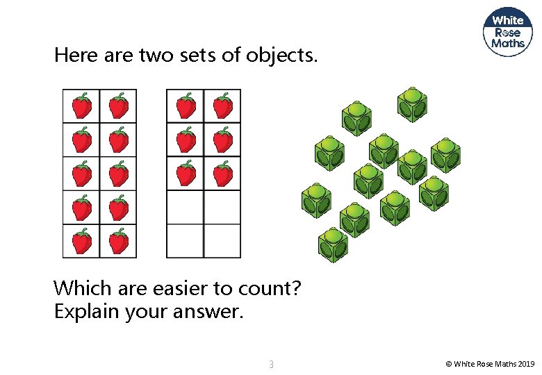 Here are two sets of objects. Which are easier to count? Explain your answer.