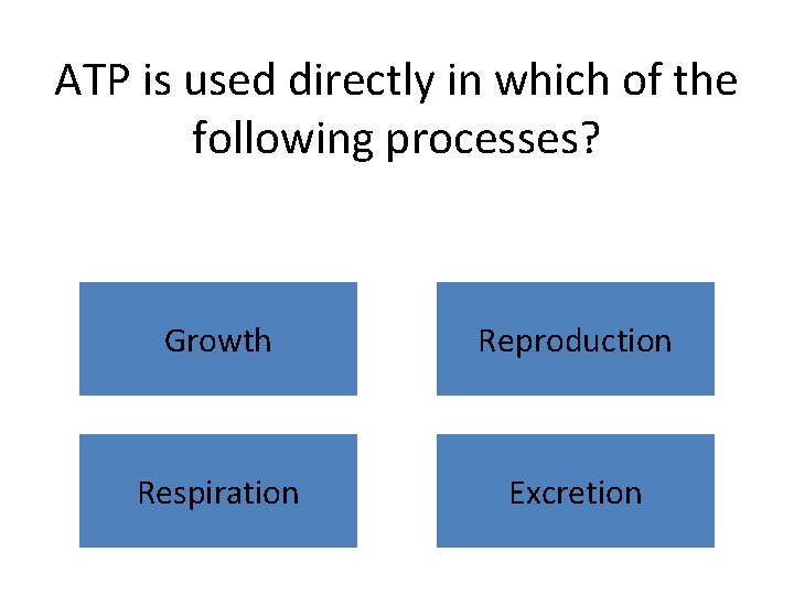 ATP is used directly in which of the following processes? Growth Reproduction Respiration Excretion