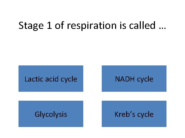 Stage 1 of respiration is called … Lactic acid cycle NADH cycle Glycolysis Kreb’s