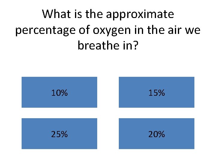 What is the approximate percentage of oxygen in the air we breathe in? 10%
