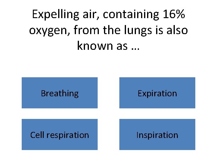 Expelling air, containing 16% oxygen, from the lungs is also known as … Breathing