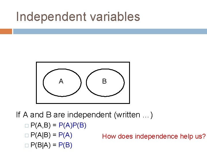 Independent variables How does independence affect our probability equations/properties? A B If A and