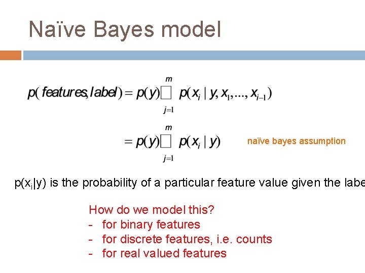 Naïve Bayes model naïve bayes assumption p(xi|y) is the probability of a particular feature