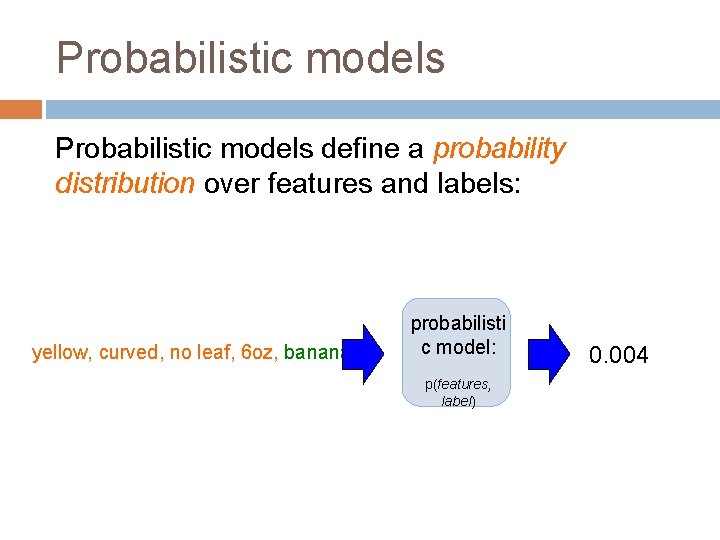 Probabilistic models define a probability distribution over features and labels: yellow, curved, no leaf,