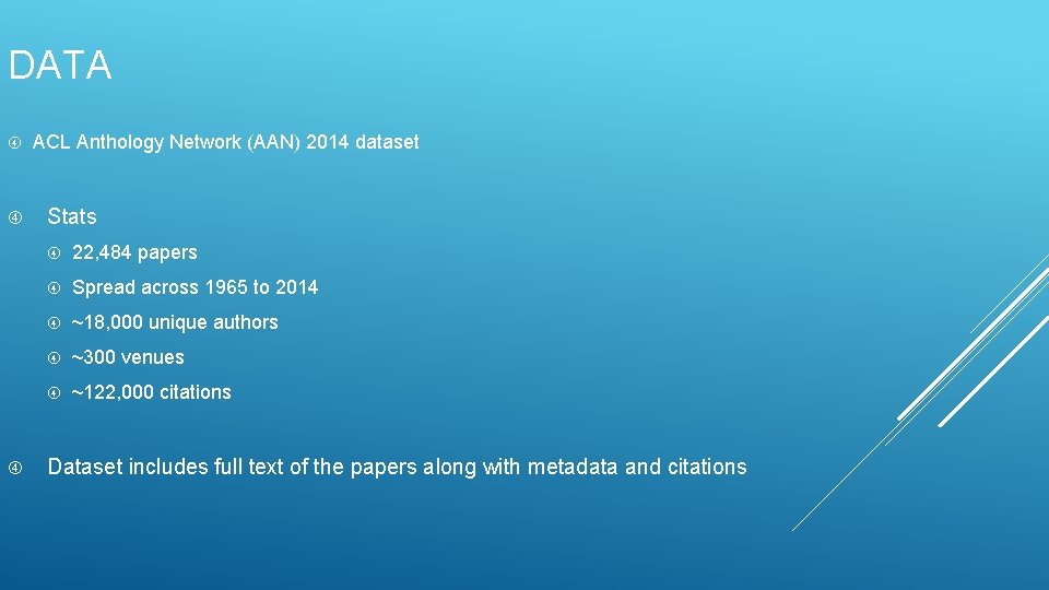 DATA ACL Anthology Network (AAN) 2014 dataset Stats 22, 484 papers Spread across 1965