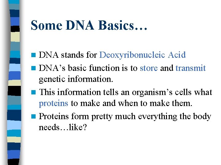 Some DNA Basics… DNA stands for Deoxyribonucleic Acid n DNA’s basic function is to