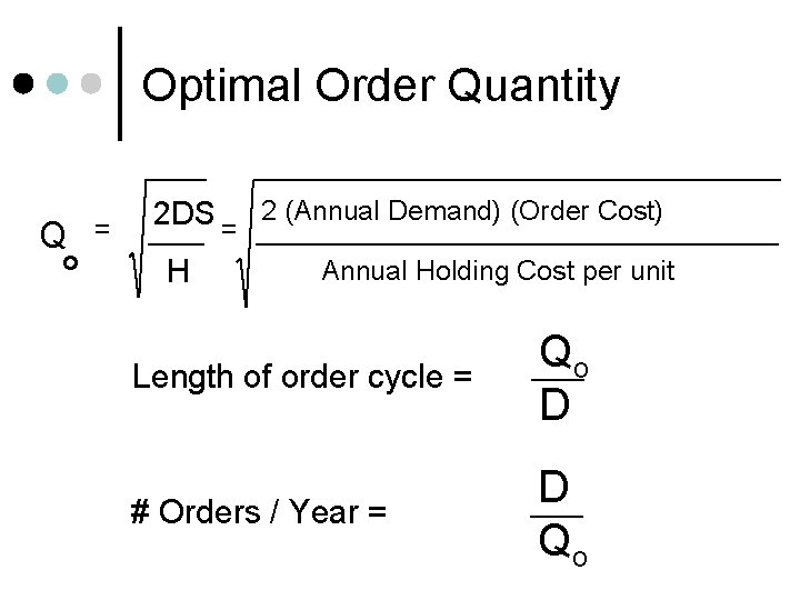 Optimal Order Quantity Q o = 2 DS = 2 (Annual Demand) (Order Cost)