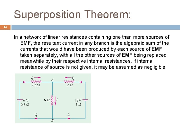 Superposition Theorem: 14 In a network of linear resistances containing one than more sources