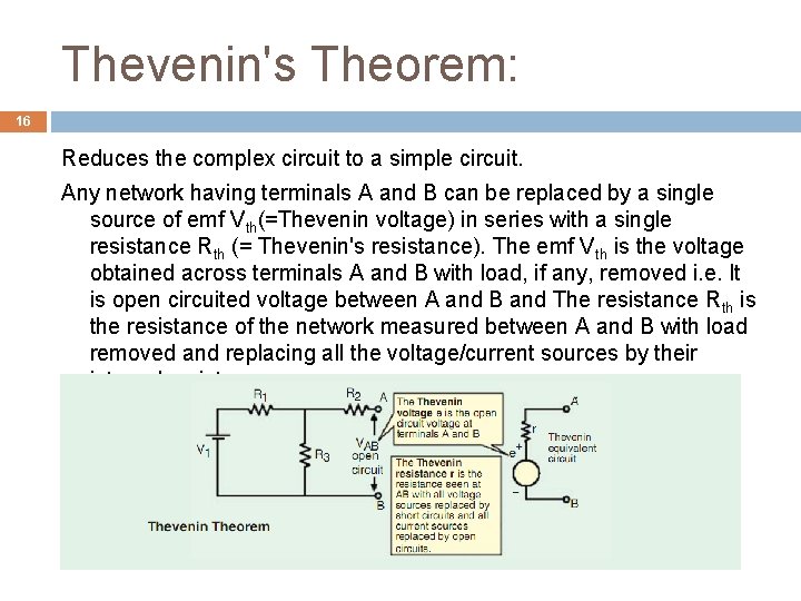 Thevenin's Theorem: 16 Reduces the complex circuit to a simple circuit. Any network having