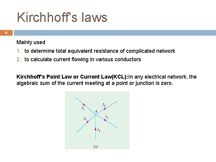 Kirchhoff's laws 6 Mainly used 1. to determine total equivalent resistance of complicated network