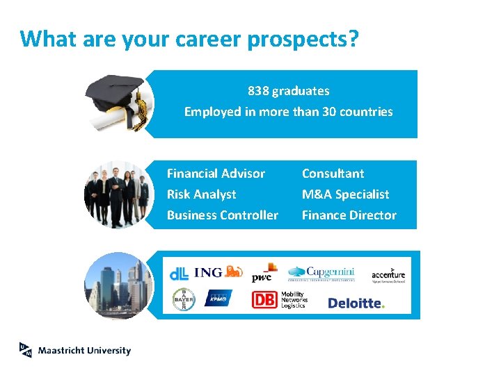 What are your career prospects? 838 graduates Employed in more than 30 countries Financial