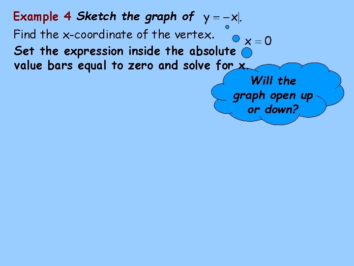 Example 4 Sketch the graph of Find the x-coordinate of the vertex. Set the