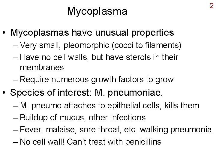 Mycoplasma 2 • Mycoplasmas have unusual properties – Very small, pleomorphic (cocci to filaments)