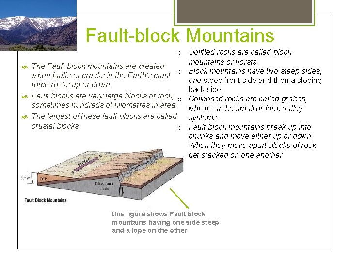 Fault-block Mountains o Uplifted rocks are called block mountains or horsts. The Fault-block mountains