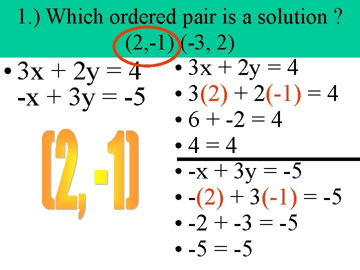 1. ) Which ordered pair is a solution ? (2, -1) (-3, 2) • 1. ) Which ordered pair is a solution ? (2, -1) (-3, 2) •