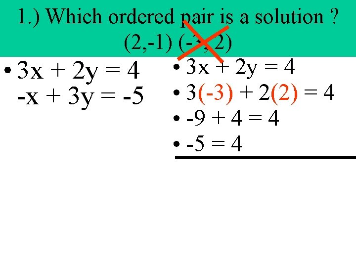 1. ) Which ordered pair is a solution ? (2, -1) (-3, 2) • 1. ) Which ordered pair is a solution ? (2, -1) (-3, 2) •