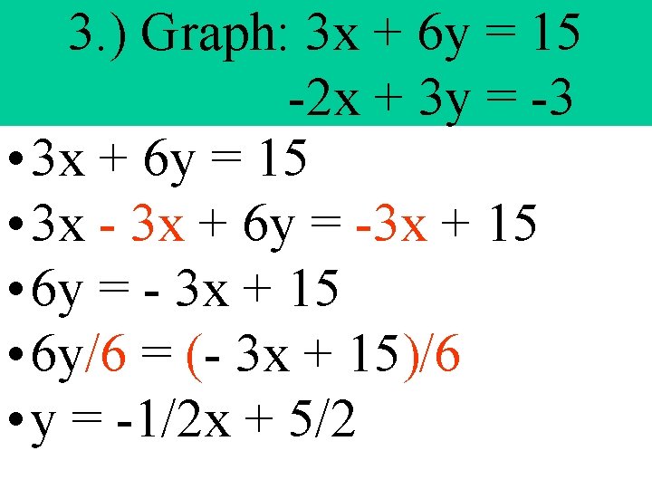 3. ) Graph: 3 x + 6 y = 15 -2 x + 3 3. ) Graph: 3 x + 6 y = 15 -2 x + 3