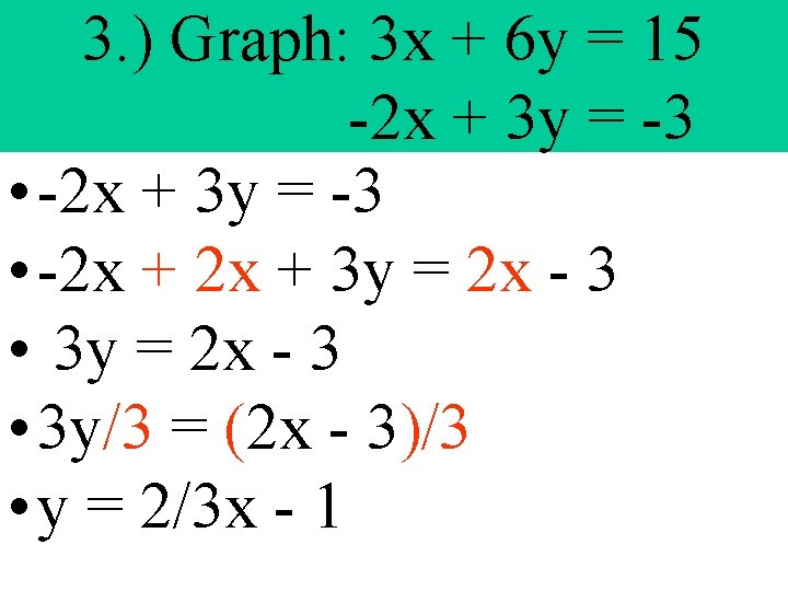 3. ) Graph: 3 x + 6 y = 15 -2 x + 3 3. ) Graph: 3 x + 6 y = 15 -2 x + 3