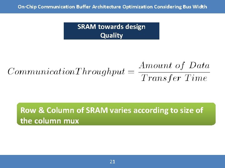 On-Chip Communication Buffer Architecture Optimization Considering Bus Width SRAM towards design Quality Row &