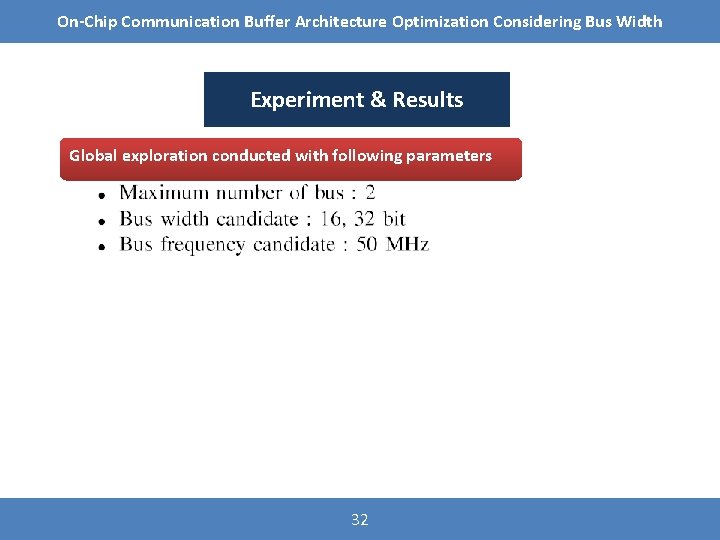 On-Chip Communication Buffer Architecture Optimization Considering Bus Width Experiment & Results Global exploration conducted