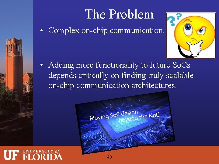 The Problem • Complex on-chip communication. • Adding more functionality to future So. Cs