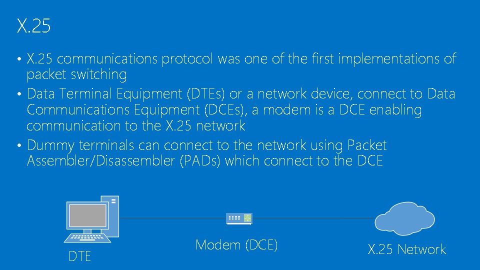 X. 25 • X. 25 communications protocol was one of the first implementations of