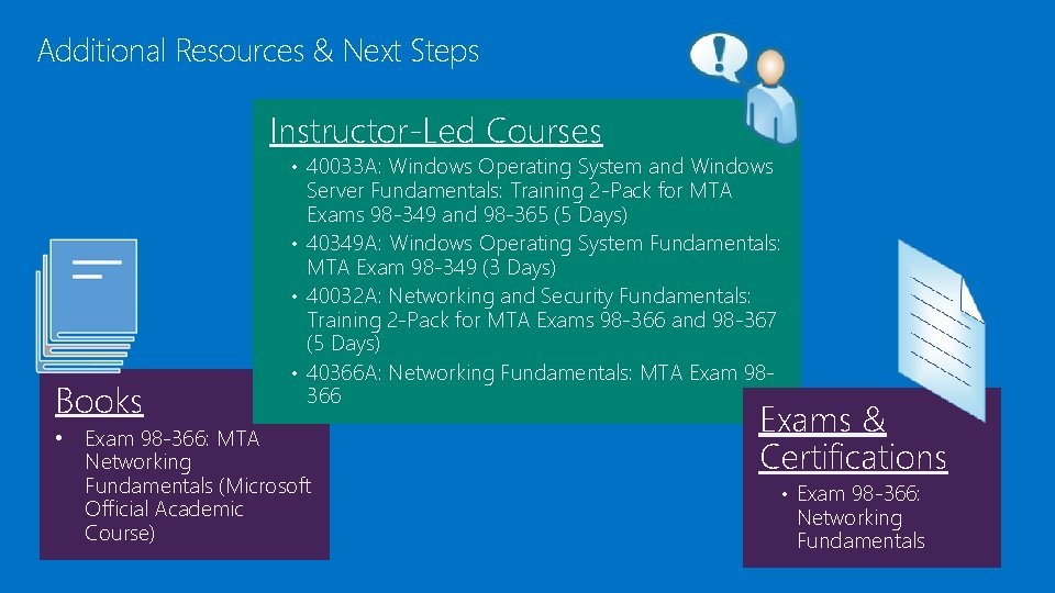 Additional Resources & Next Steps Instructor-Led Courses • 40033 A: Windows Operating System and