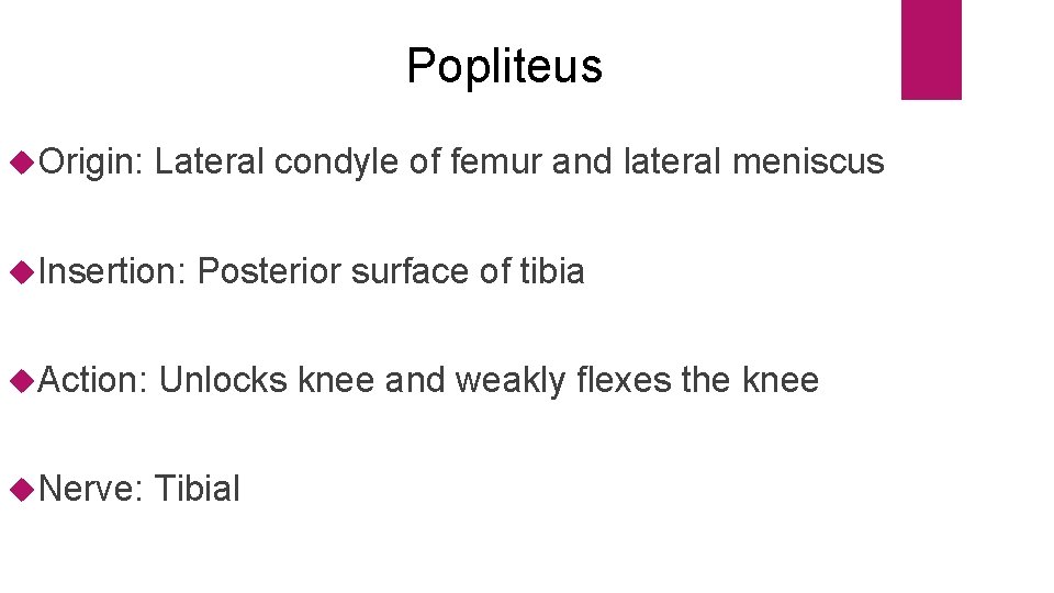 Popliteus Origin: Lateral condyle of femur and lateral meniscus Insertion: Posterior surface of tibia