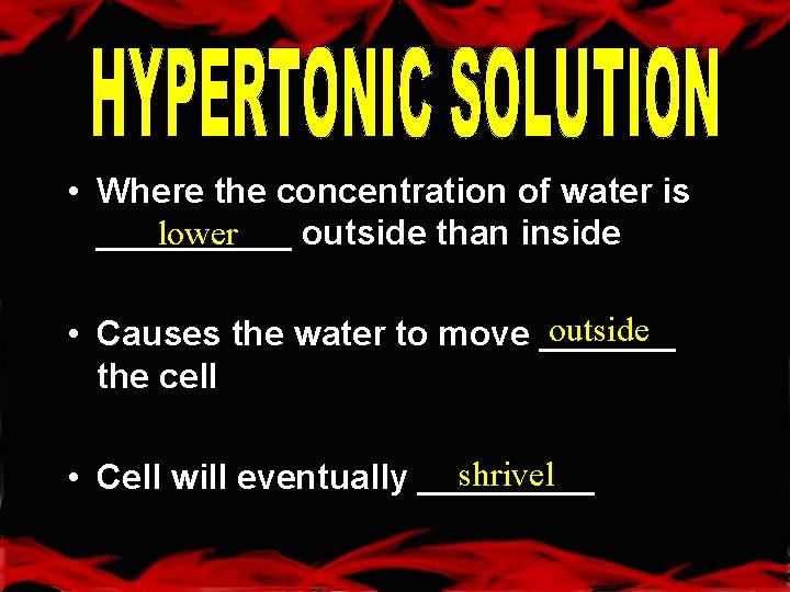  • Where the concentration of water is lower _____ outside than inside outside