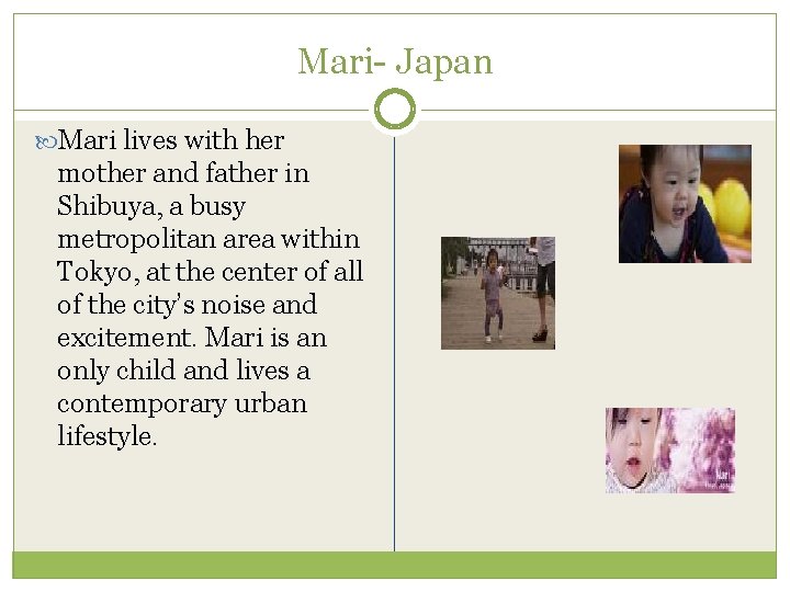 Mari- Japan Mari lives with her mother and father in Shibuya, a busy metropolitan