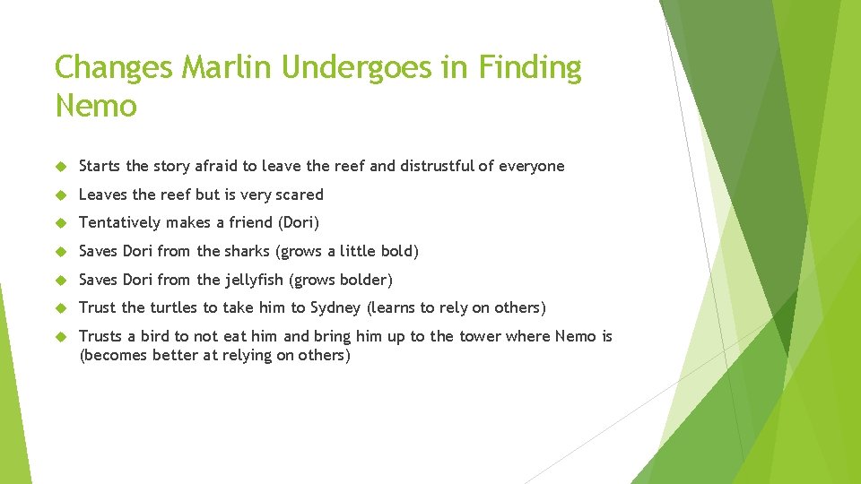 Changes Marlin Undergoes in Finding Nemo Starts the story afraid to leave the reef