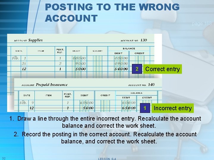 POSTING TO THE WRONG ACCOUNT 2 page 168 Correct entry 1 Incorrect entry 1.