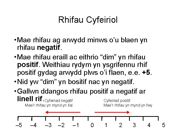 Rhifau Cyfeiriol • Mae rhifau ag arwydd minws o’u blaen yn rhifau negatif. •