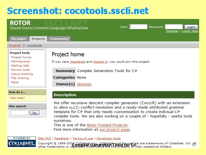 Screenshot: cocotools. sscli. net April 23, 2003 Compiler Generation Tools for C# 17 