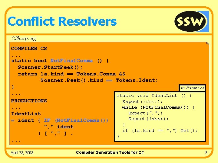 Conflict Resolvers CSharp. atg COMPILER CS. . . static bool Not. Final. Comma ()