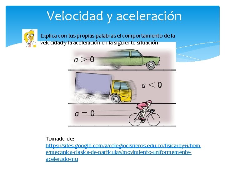 Velocidad y aceleración Explica con tus propias palabras el comportamiento de la velocidad y