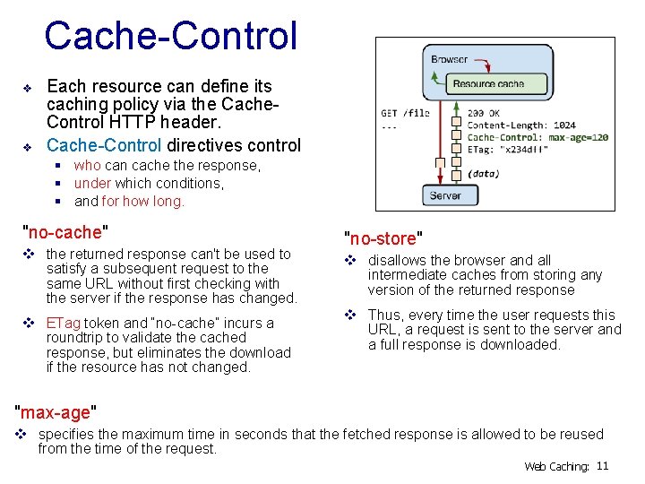 Cache-Control v v Each resource can define its caching policy via the Cache. Control