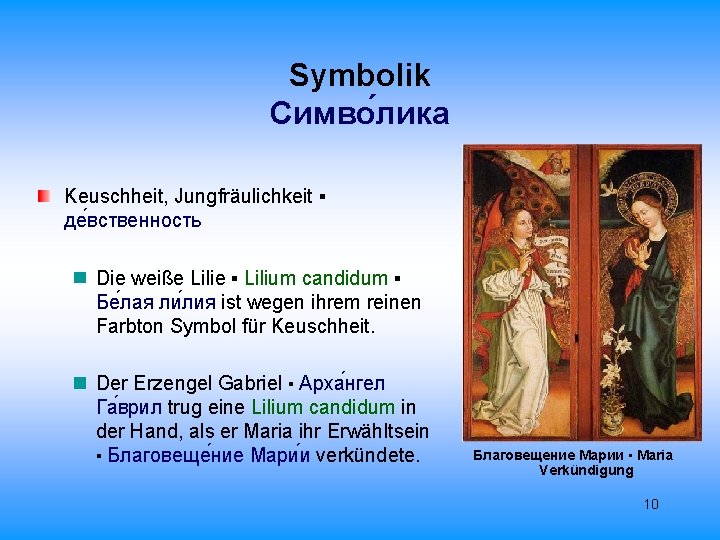 Symbolik Cимво лика Keuschheit, Jungfräulichkeit ▪ де вственность Die weiße Lilie ▪ Lilium candidum