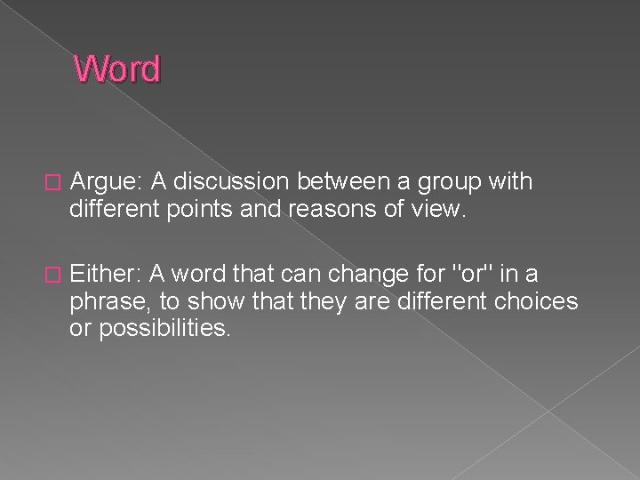 Word � Argue: A discussion between a group with different points and reasons of