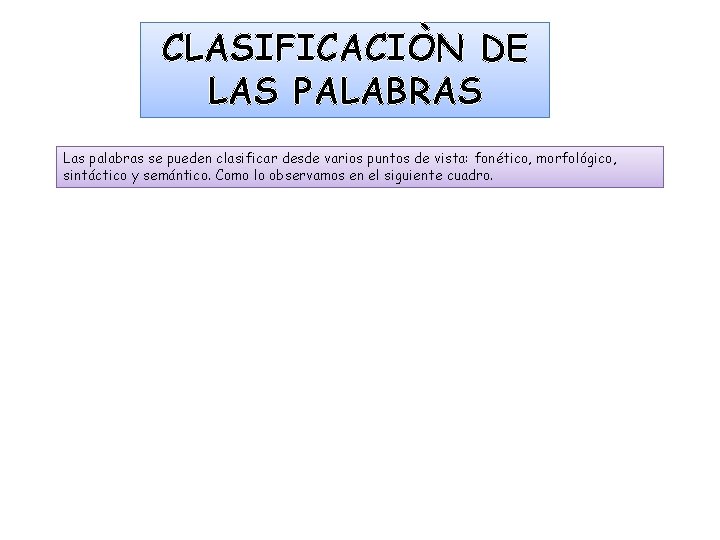 CLASIFICACIÒN DE LAS PALABRAS Las palabras se pueden clasificar desde varios puntos de vista: