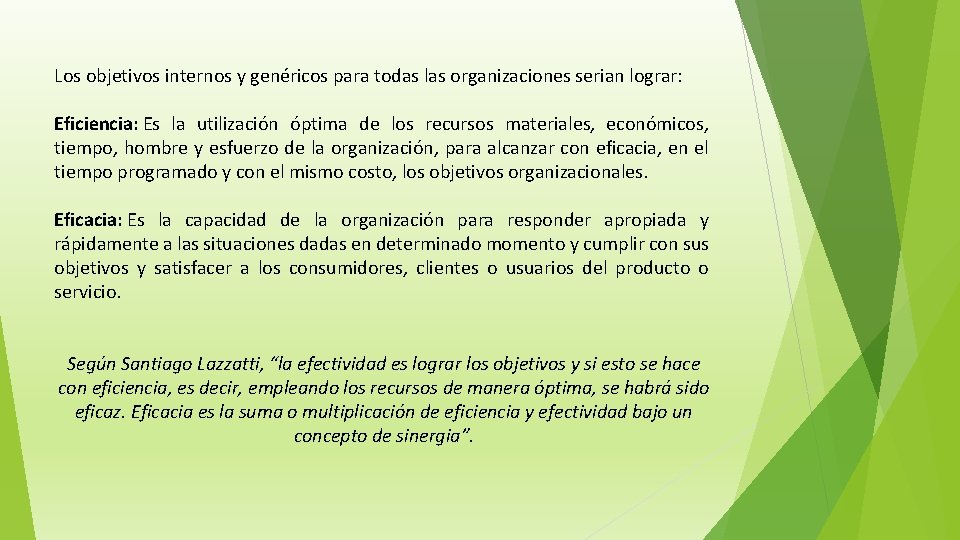 Los objetivos internos y genéricos para todas las organizaciones serian lograr: Eficiencia: Es la