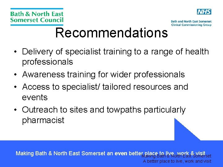 Recommendations • Delivery of specialist training to a range of health professionals • Awareness