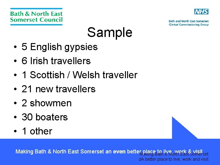 Sample • • 5 English gypsies 6 Irish travellers 1 Scottish / Welsh traveller