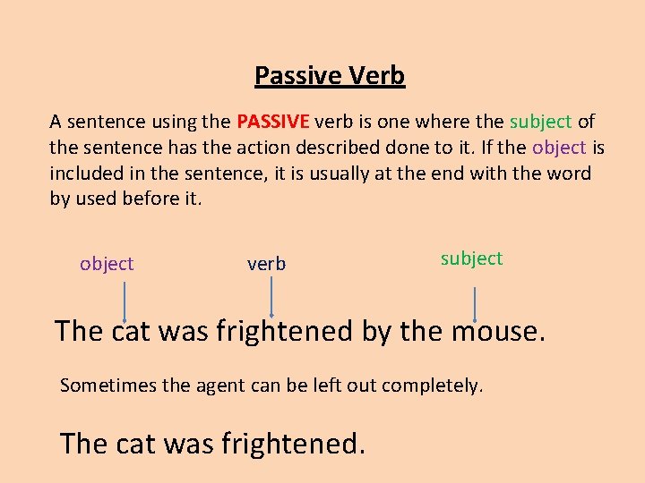 Passive Verb A sentence using the PASSIVE verb is one where the subject of